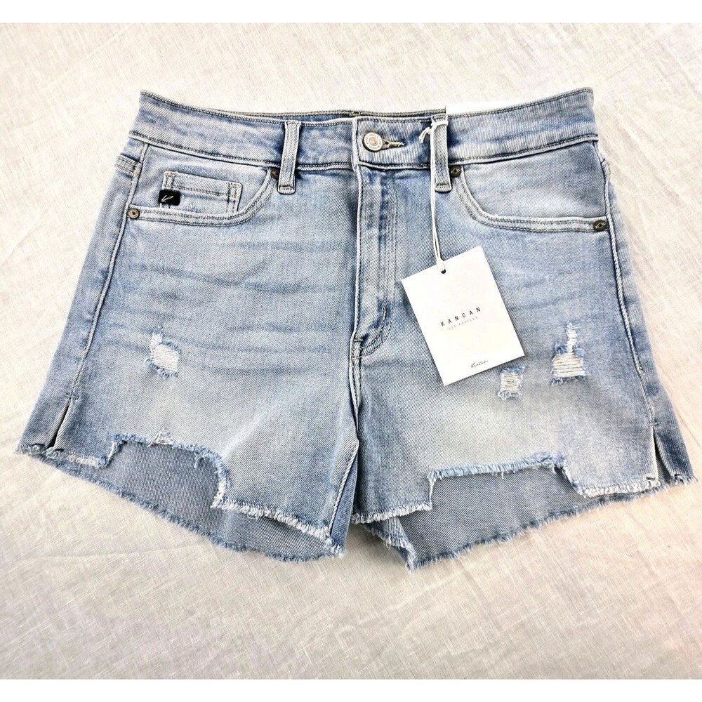 KanCan High Rise Cut Off Denim Shorts Women’s L Light Wash Stretch Distressed